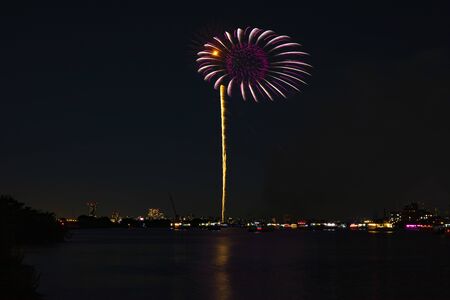 Fireworks near Edogawabashi river in Tokyo wide shot