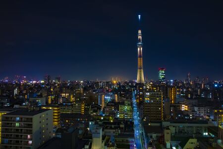 A night Tokyo sky tree at the urban city in Tokyo wide shot