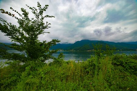 A cloudy sky near Kawaguchi lake daytime wide shotの写真素材