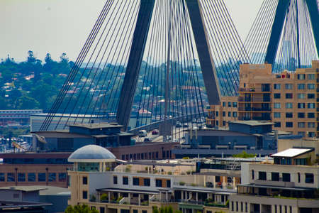 A traffic jam at the bridge high angle long shot. New South Wales Sydney / Australia - 01.28.2020 Here is Anzac bridge.のeditorial素材