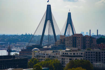 A traffic jam at the bridge high angle medium shot. New South Wales Sydney / Australia - 01.28.2020 Here is Anzac bridge.のeditorial素材