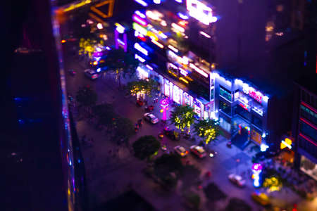 A night miniature neon town in Ho Chi Minh tiltshift. Ho Chi Minh / Vietnam - 02.25.2020 Here is called Nguyen Hue street.のeditorial素材