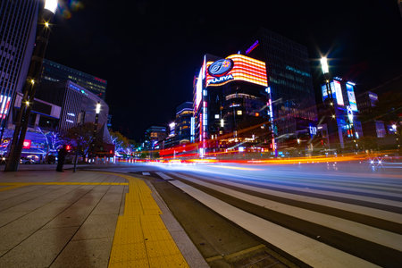 A night traffic jam at the crossing in Ginza wide shotのeditorial素材