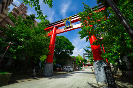 Main gate Torii at Tomioka Shrine wide shotのeditorial素材
