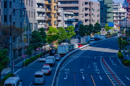 A traffic jam at the city street in Tokyo telephoto shotの写真素材