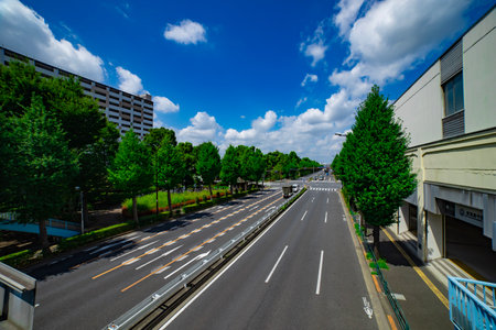 An empty downtown street in Takashimadaira Tokyo wide shotの写真素材