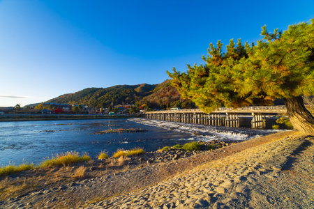 Togetsukyo bridge near Katsuragawa river in Kyoto in autumn wide shotの写真素材