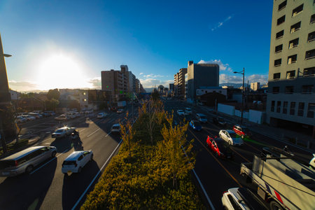 A traffic jam at the large avenue in Kyoto wide shotの写真素材