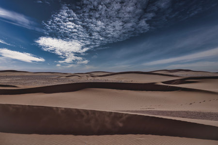 A sand dune of sahara desert at Mhamid el Ghizlane in Moroccoの写真素材