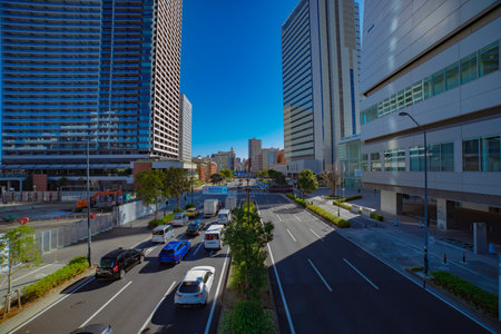A traffic jam at the city street in Yokohama wide shot