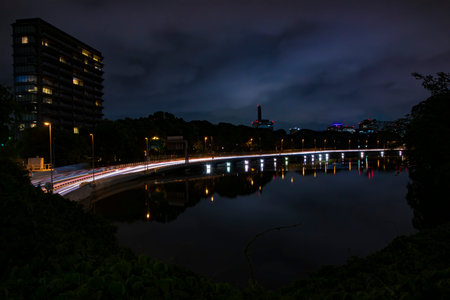 A night traffic jam on the city highway in Tokyo wide shot