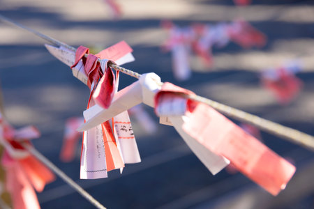 Fortune slips at Kameido Tenjin shrine in Tokyo close upの写真素材
