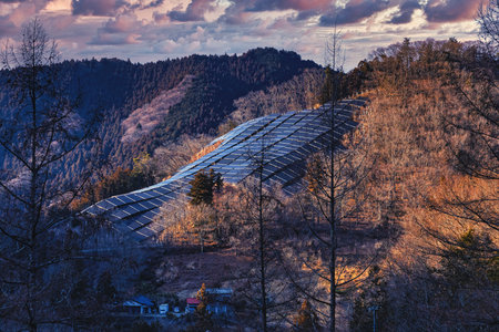 A solar panel on the mountain at the Japanese rural area in winter