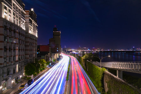 A night photography of traffic jam near Tamsui river in Taipei