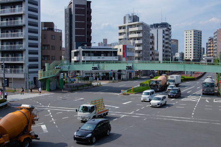 A cityscape of traffic jam at the downtown crossing in Tokyo