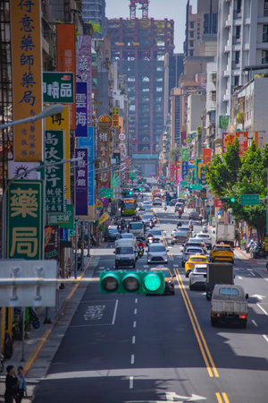 A cityscape of traffic jam at the downtown street in Taipeiの写真素材
