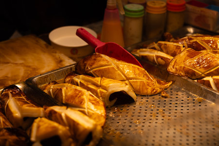 Grilled squids at Ningxia night market in Taipei close up