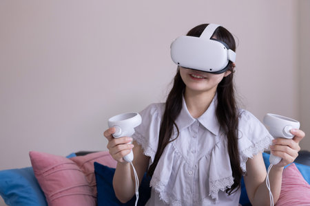 A Japanese woman wearing VR glass in the room