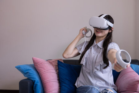 A woman wearing VR glass in the room
