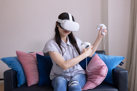 A Japanese woman playing with VR glass in the room