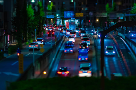 A night cityscape of miniature traffic jam at the downtown street in Tokyo