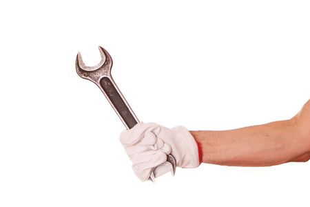 The builder is holding a large adjustable spanner in his hands. The worker is holding construction...