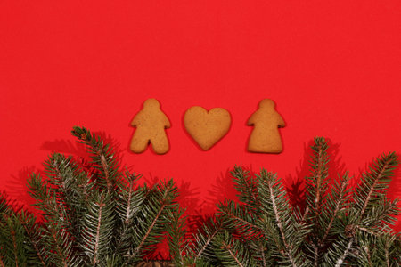 Christmas and New Year background. Fir branches with cones lie on a red background decorated with Christmas cookies.の写真素材