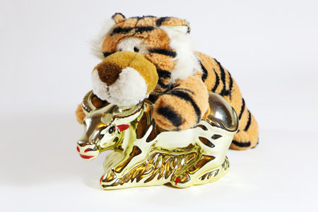 Christmas festive decor with a tiger on a white background.の写真素材