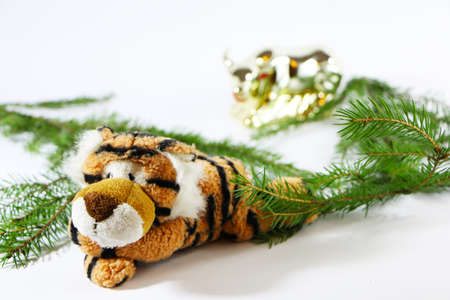 Christmas festive decor with a tiger on a white background.の写真素材