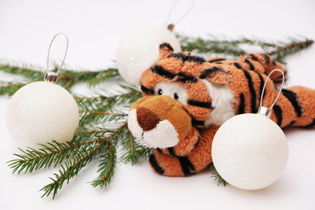 Tiger as a symbol of 2022, Christmas and New Year. Festive decorations for the new year and christmas. Christmas festive decor with a tiger on a white background.の写真素材