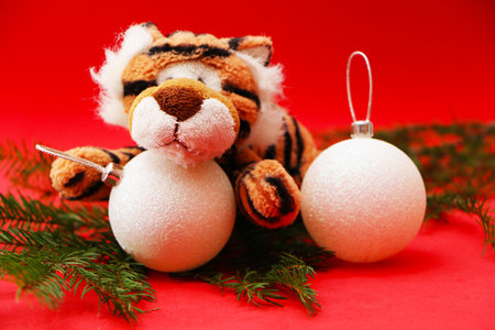 Tiger as a symbol of 2022, Christmas and New Year. Festive decorations for the new year and christmas. Christmas festive decor with a tiger on a red background.の写真素材