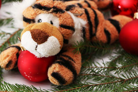 Tiger as a symbol of 2022, Christmas and New Year. Festive decorations for the new year and christmas. Christmas festive decor with a tiger on a white background.の写真素材
