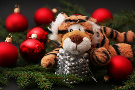 Festive decorations for the new year and christmas. Christmas festive decor with a tiger on a black background.の写真素材
