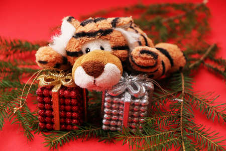 Tiger as a symbol of 2022, Christmas and New Year. Festive decorations for the new year and christmas. Christmas festive decor with a tiger on a red background.の写真素材