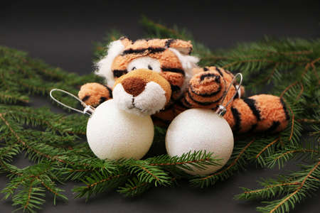 Tiger as a symbol of 2022, Christmas and New Year. Festive decorations for the new year and christmas. Christmas festive decor with a tiger on a black background.の写真素材