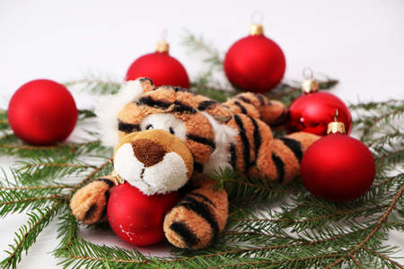 Tiger as a symbol of 2022, Christmas and New Year. Festive decorations for the new year and christmas. Christmas festive decor with a tiger on a white background.の写真素材