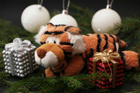 Tiger as a symbol of 2022, Christmas and New Year. Festive decorations for the new year and christmas. Christmas festive decor with a tiger on a black background.の写真素材