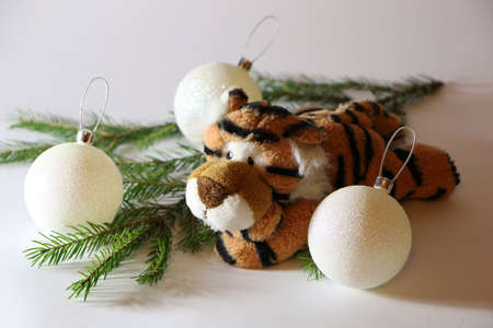 Christmas festive decor with a tiger on a white background.の写真素材