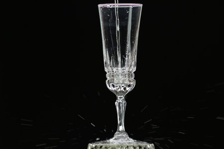 On a holiday, champagne is poured into a crystal glass. Bubbles play in a glass of champagne.の写真素材
