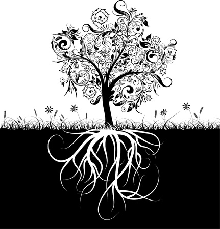 Decorative tree and roots, grass, vectorr illustrationのイラスト素材