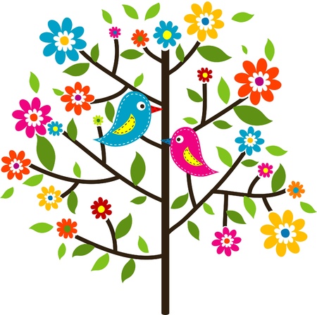 Decorative floral tree and bird, vector illustrationのイラスト素材