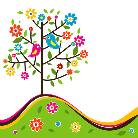 Decorative floral tree and bird, vector illustrationのイラスト素材