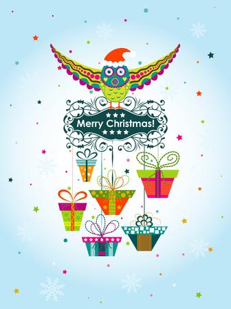 Template Christmas greeting card with an owl and giftsのイラスト素材