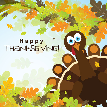 Template greeting card with a happy Thanksgiving turkey, vector illustrationのイラスト素材