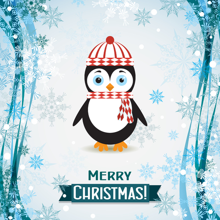Template Christmas greeting card with a penguin, vector illustrationのイラスト素材