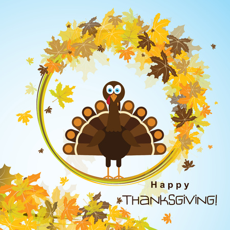 Template greeting card with a happy Thanksgiving turkey, vector illustrationのイラスト素材