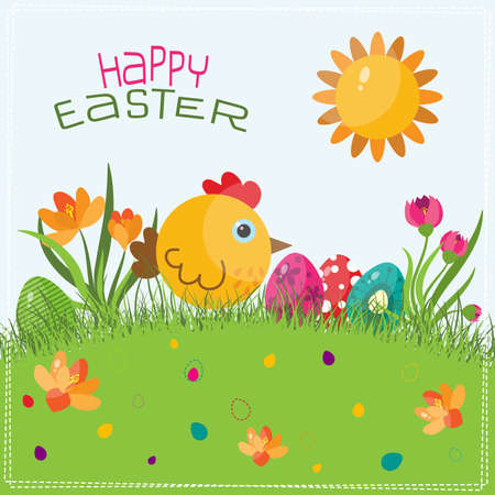 Template Easter greeting card, chick, illustrationのイラスト素材
