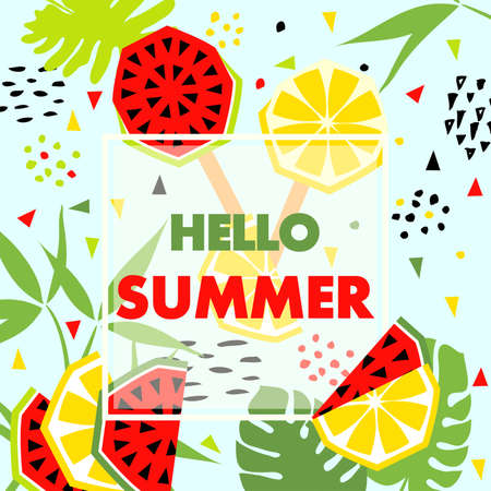 Summer banner with watermelon, lemon and place for text.のイラスト素材