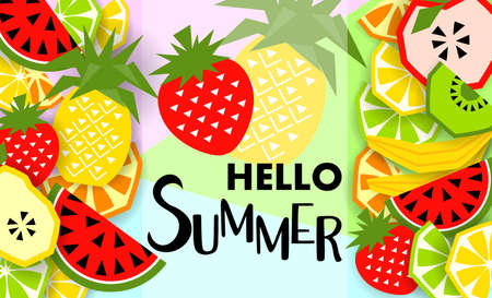 Summer banner with fruit, place for text. Trendy seasonal vector background, brochure template.のイラスト素材