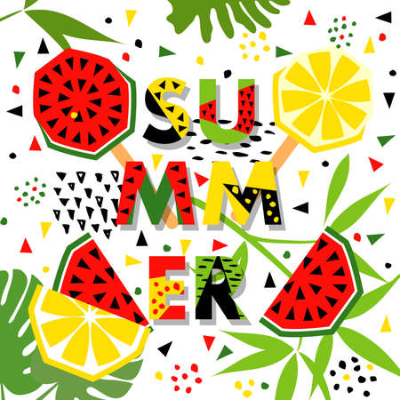 Summer banner with watermelon and lemon, place for text. Trendy seasonal vector background, brochure...